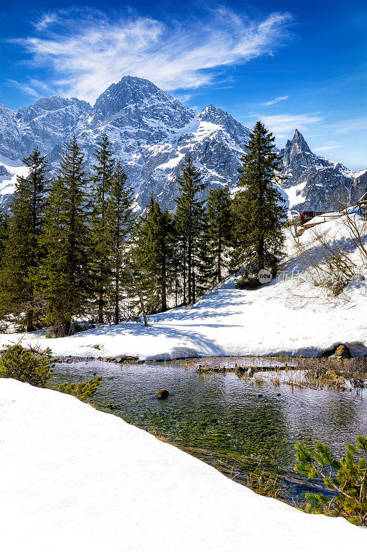在波兰的假期-冬季的Rybi Potok山谷在Tatra山脉